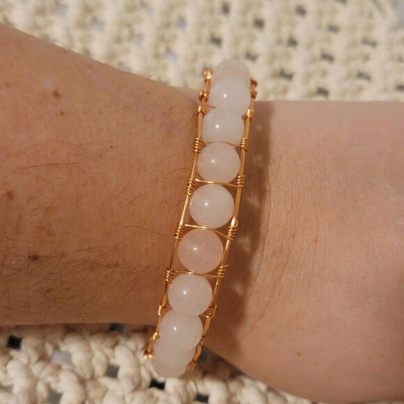 Handmade Rose Quartz Wire Wrapped Bracelet Copper Tone Healing Jewelry - Picture 3 of 6